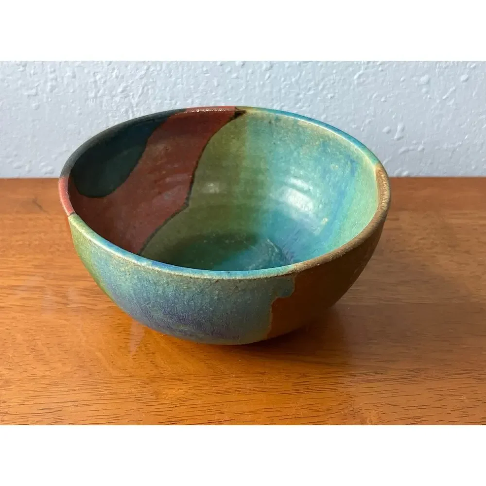 VTG Studio Pottery Bowl Hand Thrown Southwestern Drip Glaze Signed